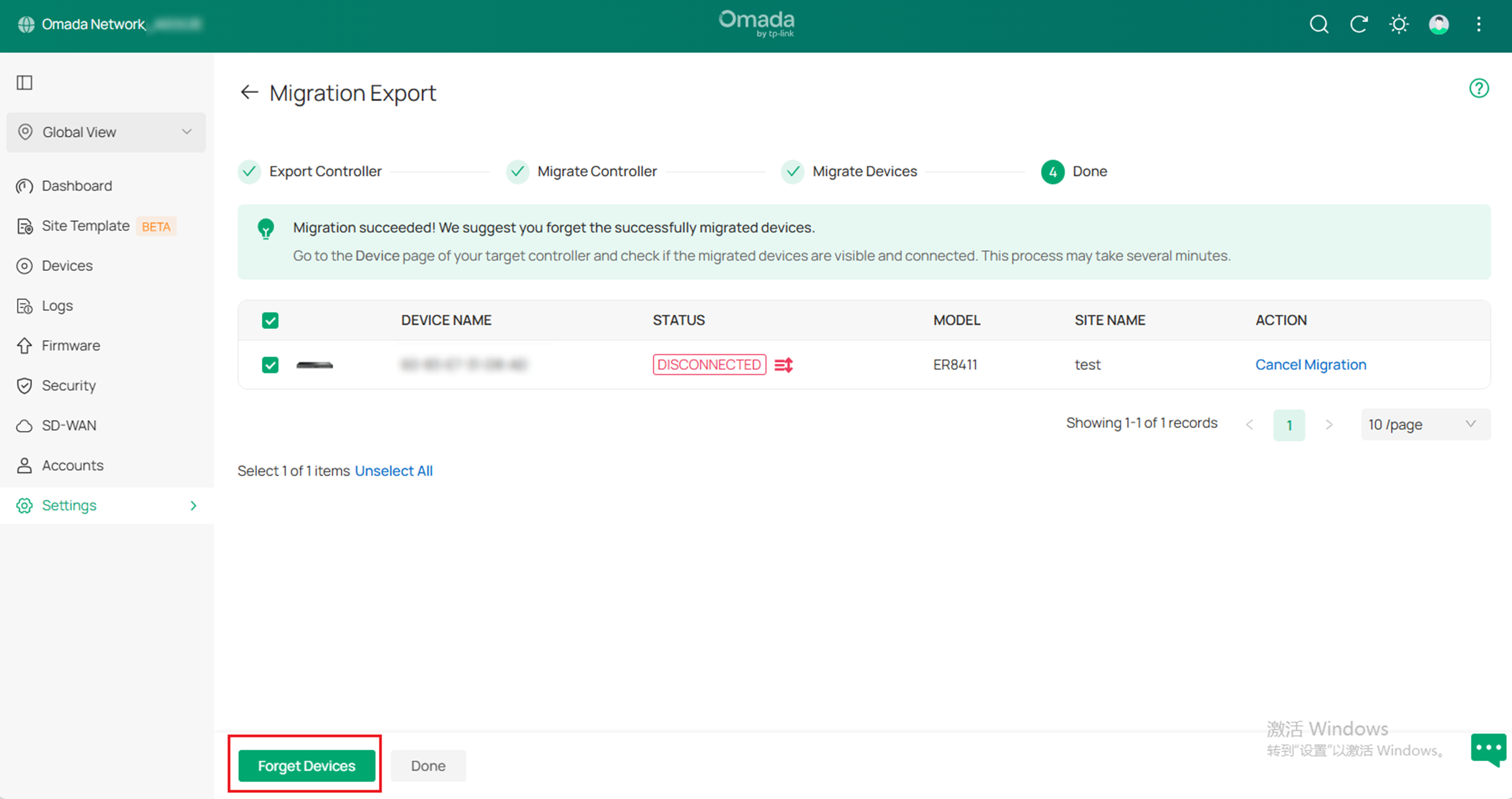 Complete the device migration and forget the device on the old controller.