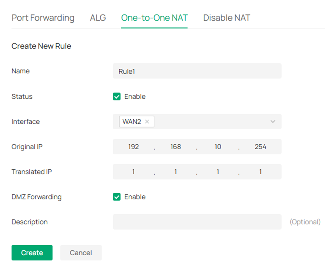 Show an example of creating a One-to-One NAT rule.