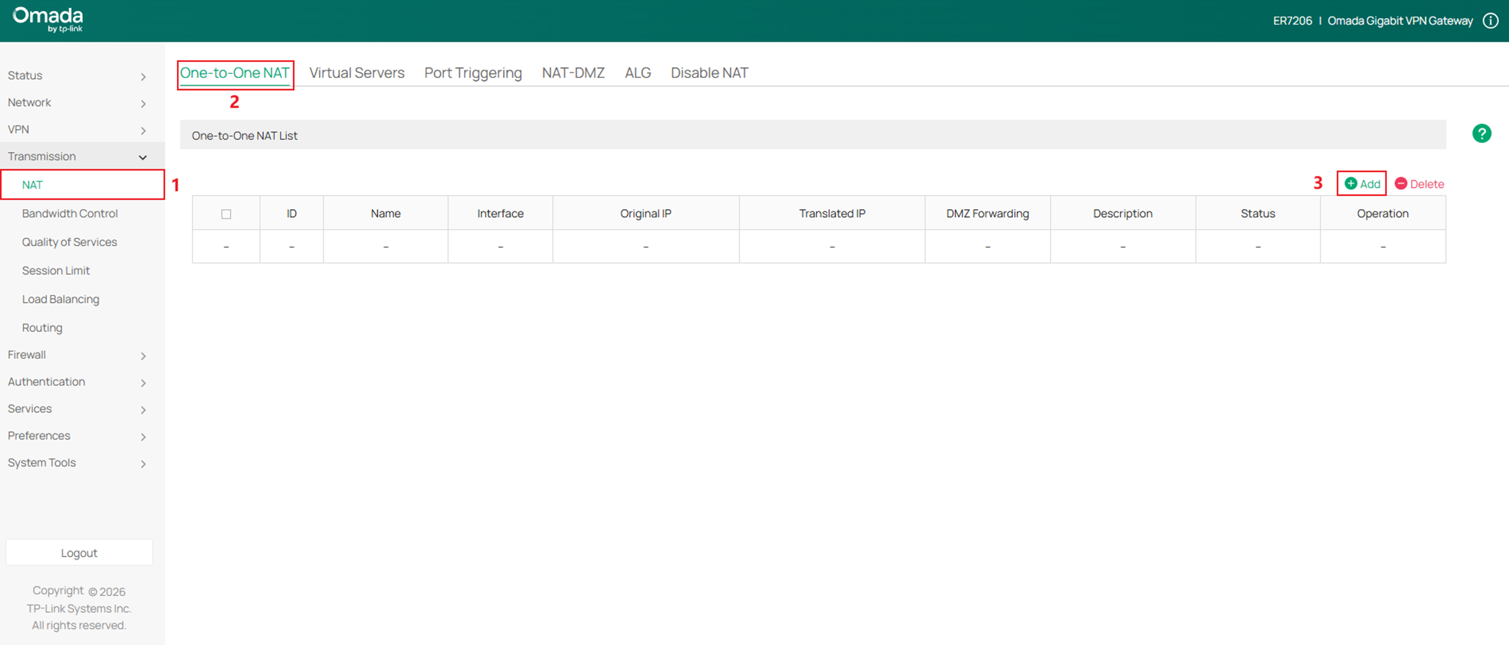 Show the entrance to create a new One-to-One NAT rule.