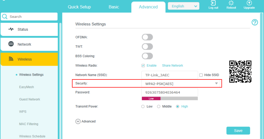 wireless settings interface of the VX800v