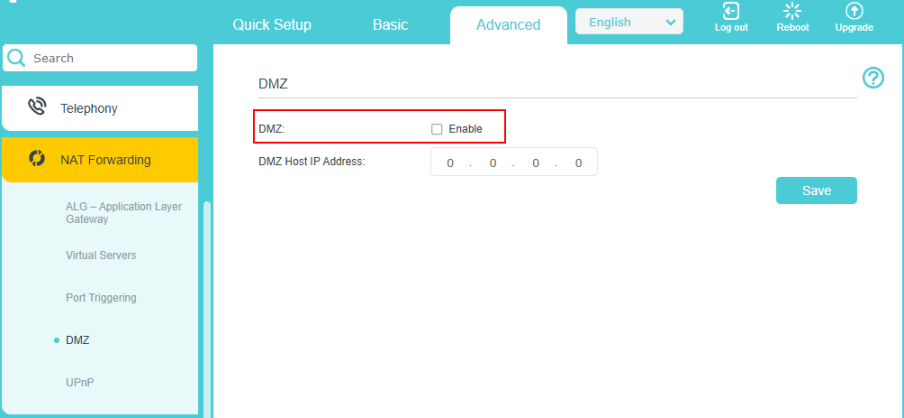DMZ settings interface of the VX800v
