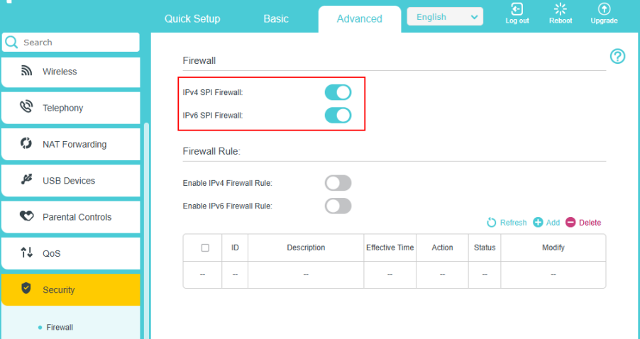 Firewall settings interface of VX800v