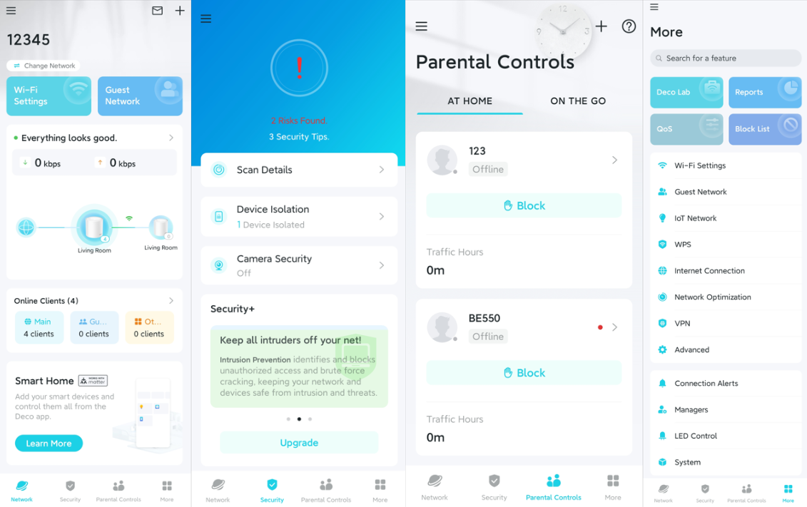 Network/Security/Parental Controls/More pages in Deco app.