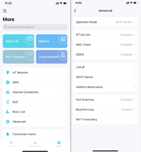 Advance settings pages in Deco app.