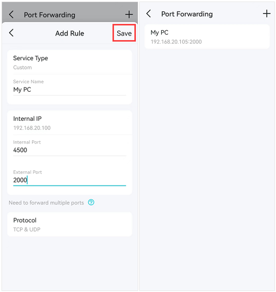 Save the Port Forwarding rule.