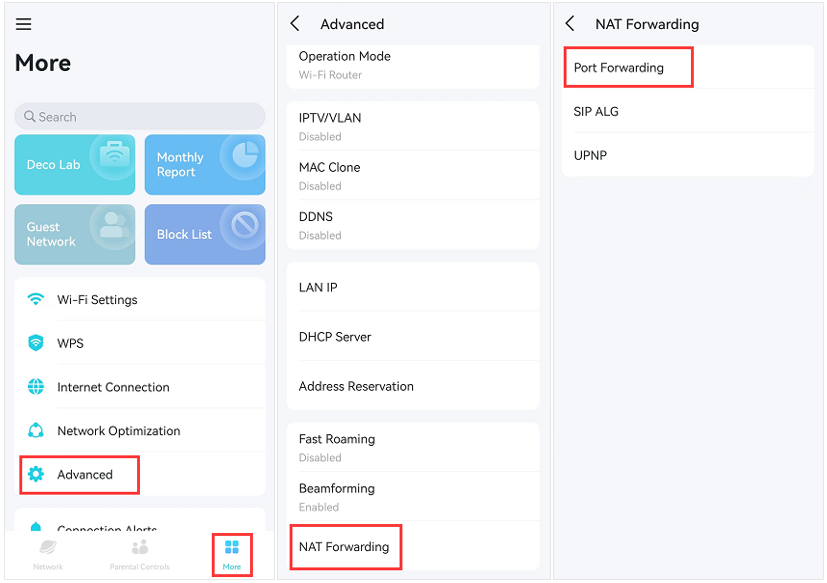 Find the Port Forwarding option in Deco app.