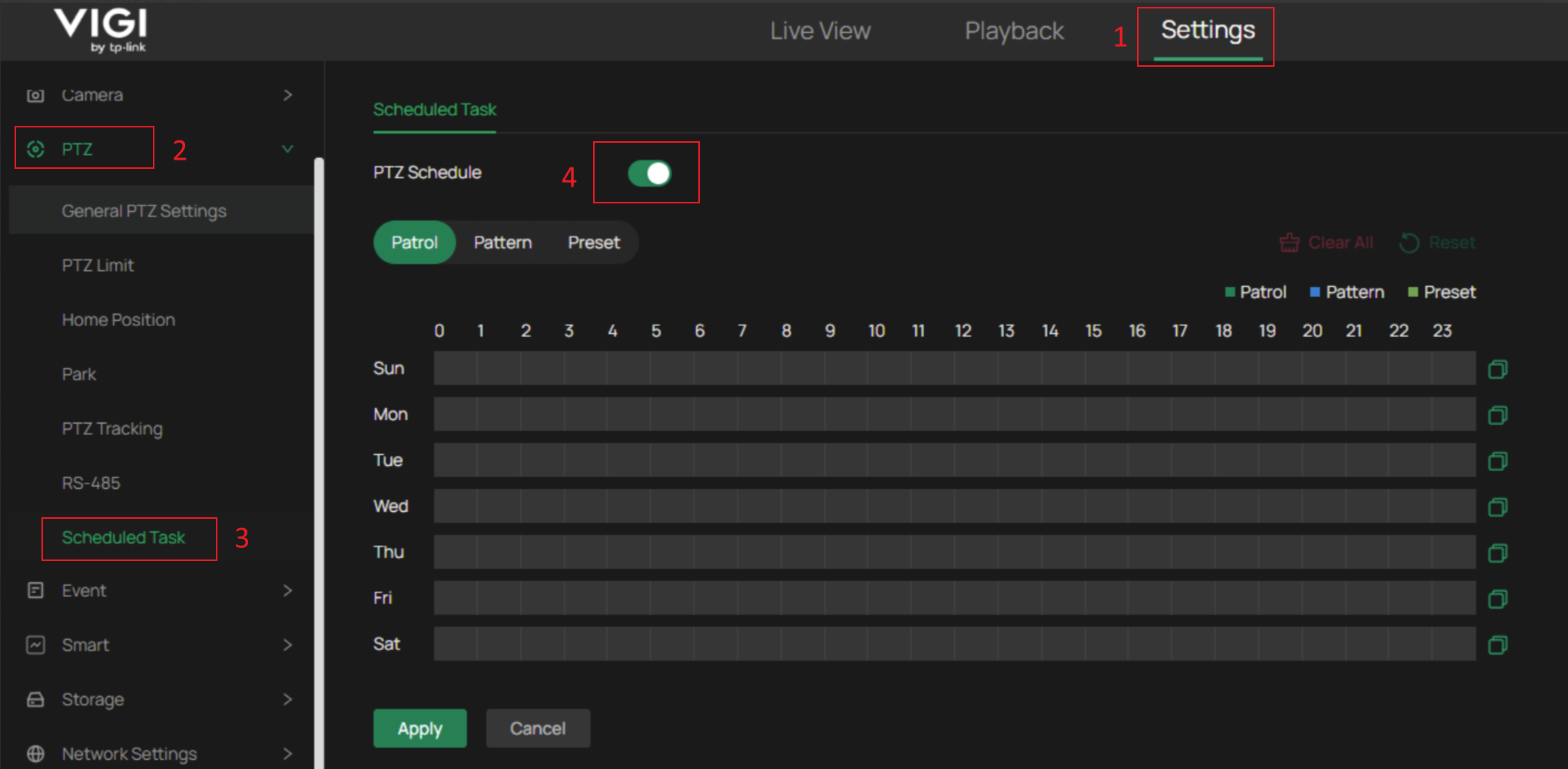 Location of the PTZ Schedule Task function in Web UI.