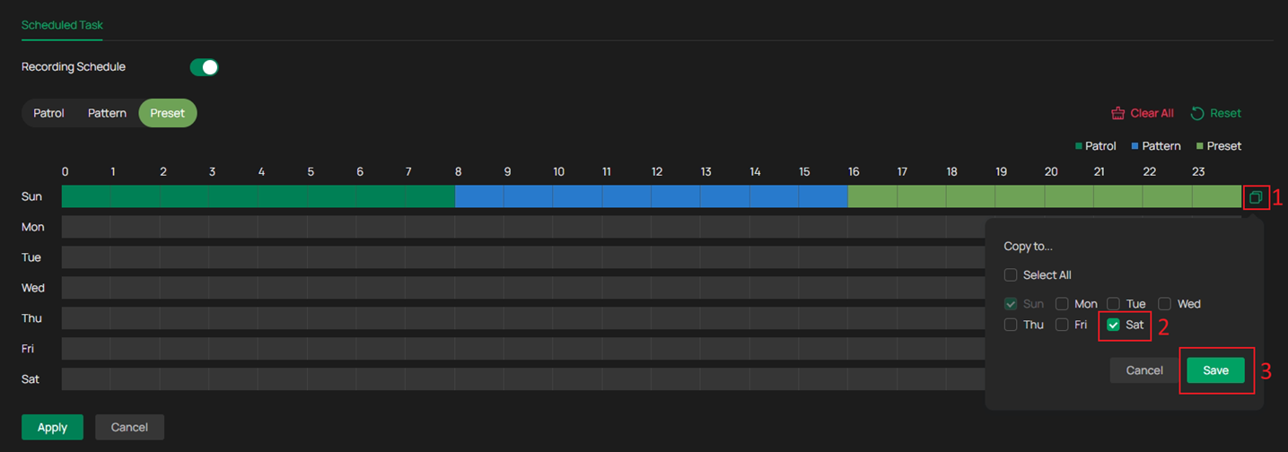 The way to copy one day’s PTZ scheduled task to another.