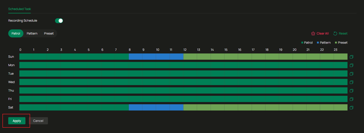 An example for a completed weekly PTZ schedule.