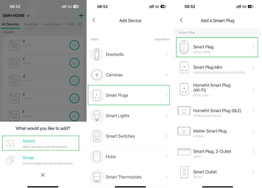 Three-panel screenshot showingWhat would you like to add?" menu with Device selected, and the Add Device screen with Smart Plugs highlighted, and the "Add a Smart Plug" model selection screen listing HS100/HS110, Mini, HomeKit, Matter, and other options.