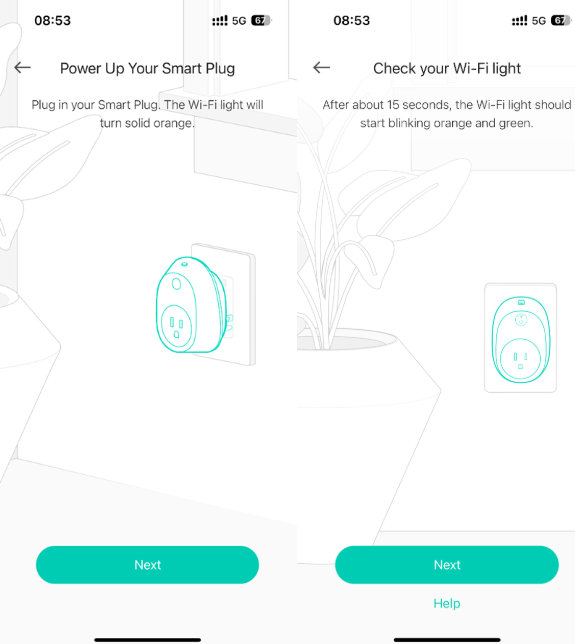 Two-panel screenshot showing the "Power Up Your Smart Plug" screen, the "Check your Wi-Fi light" screen, and for iOS, the "Connect to Wi-Fi" screen and the WLAN settings screen showing the TP-LINK_Smart Plug network.