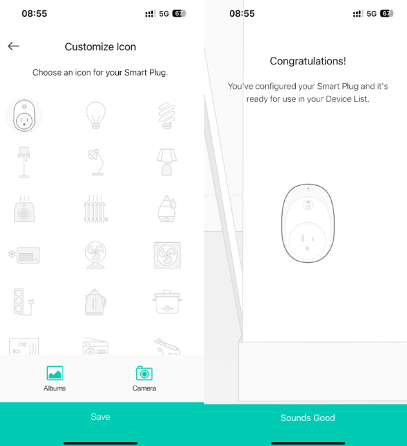 Two-panel screenshot showing the Customize Icon screen and the Congratulations screen confirming setup is complete.