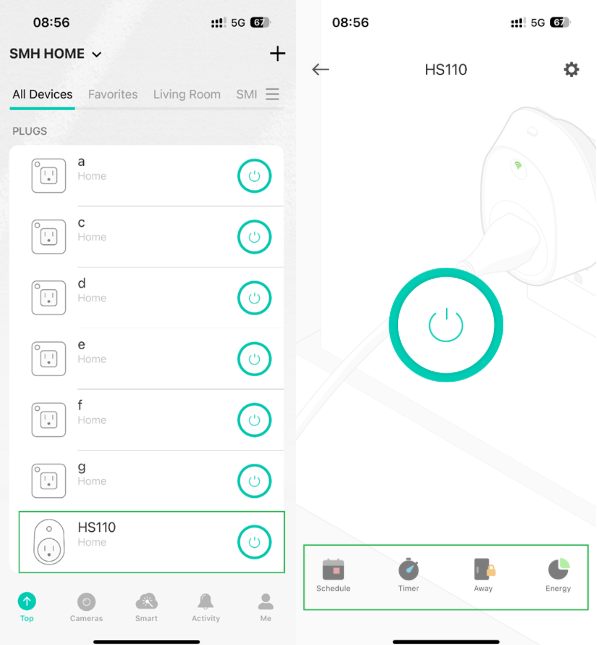 Two-panel screenshot showing the smart plug control screen with Schedule, Timer, Away, and Energy buttons, and the Device Settings screen showing Name and Icon and Device Info options.