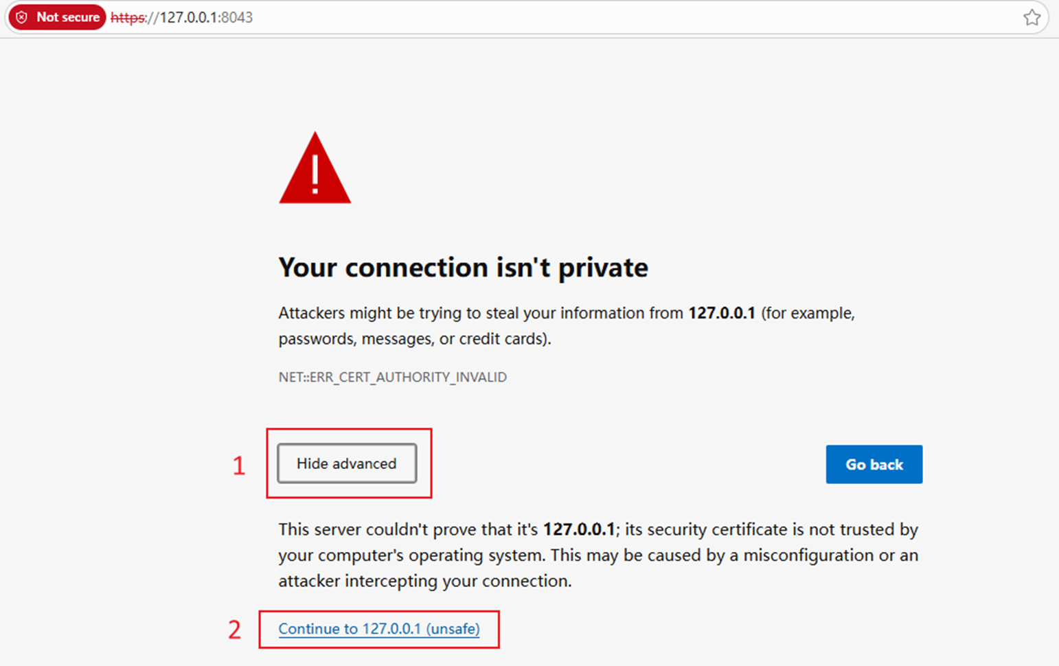A screenshot showing how to ignore certificate warning.