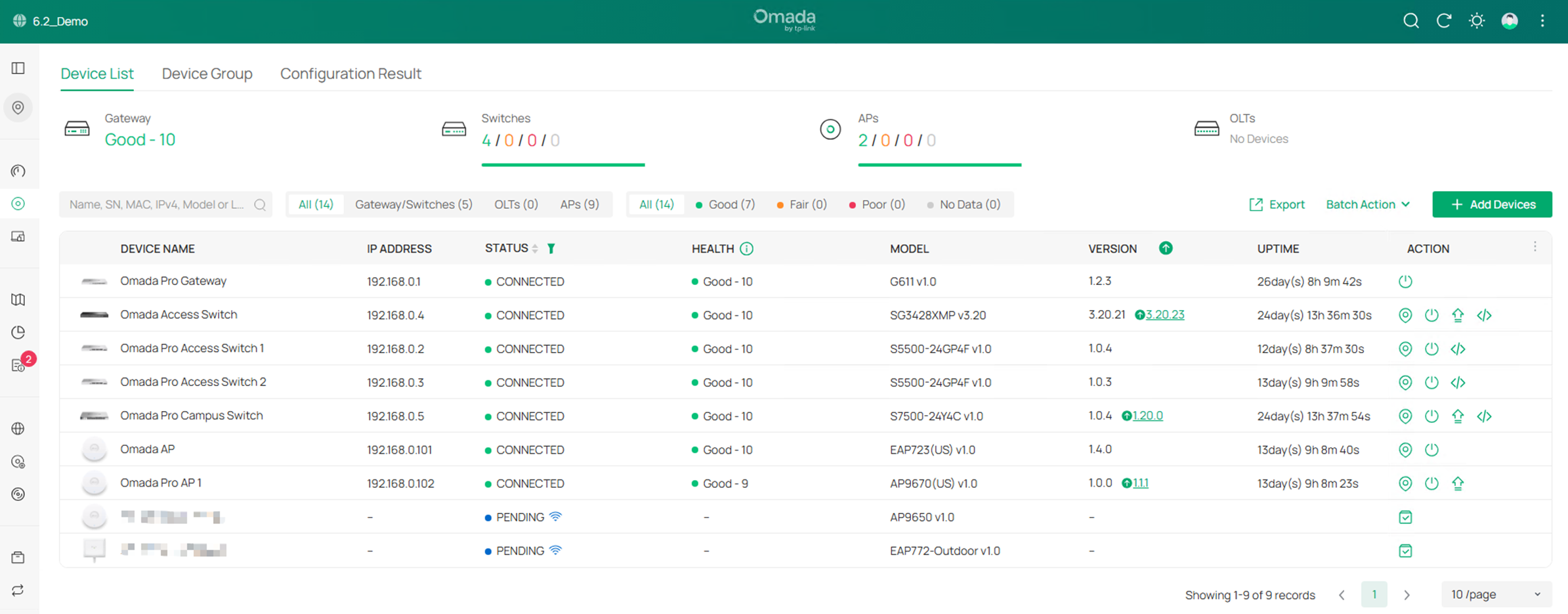 show the Devices page, both Omada and Omada Pro devices could be discovered and adopted.