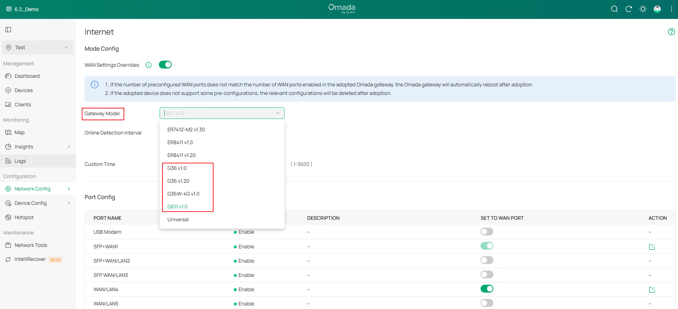 Show the Internet page, the Omada Pro gateway models could be selected.