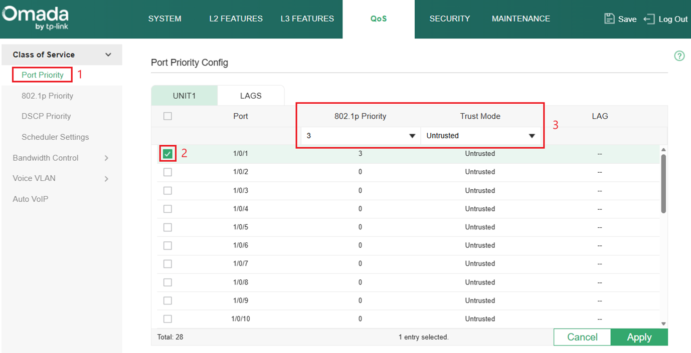 Show steps to in order to set the port Trust Mode to Untrust.
