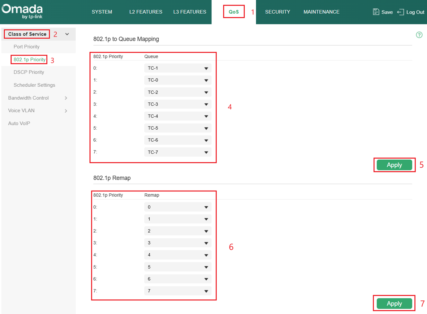Show steps to in order to map 802.1p tags to TC queues.