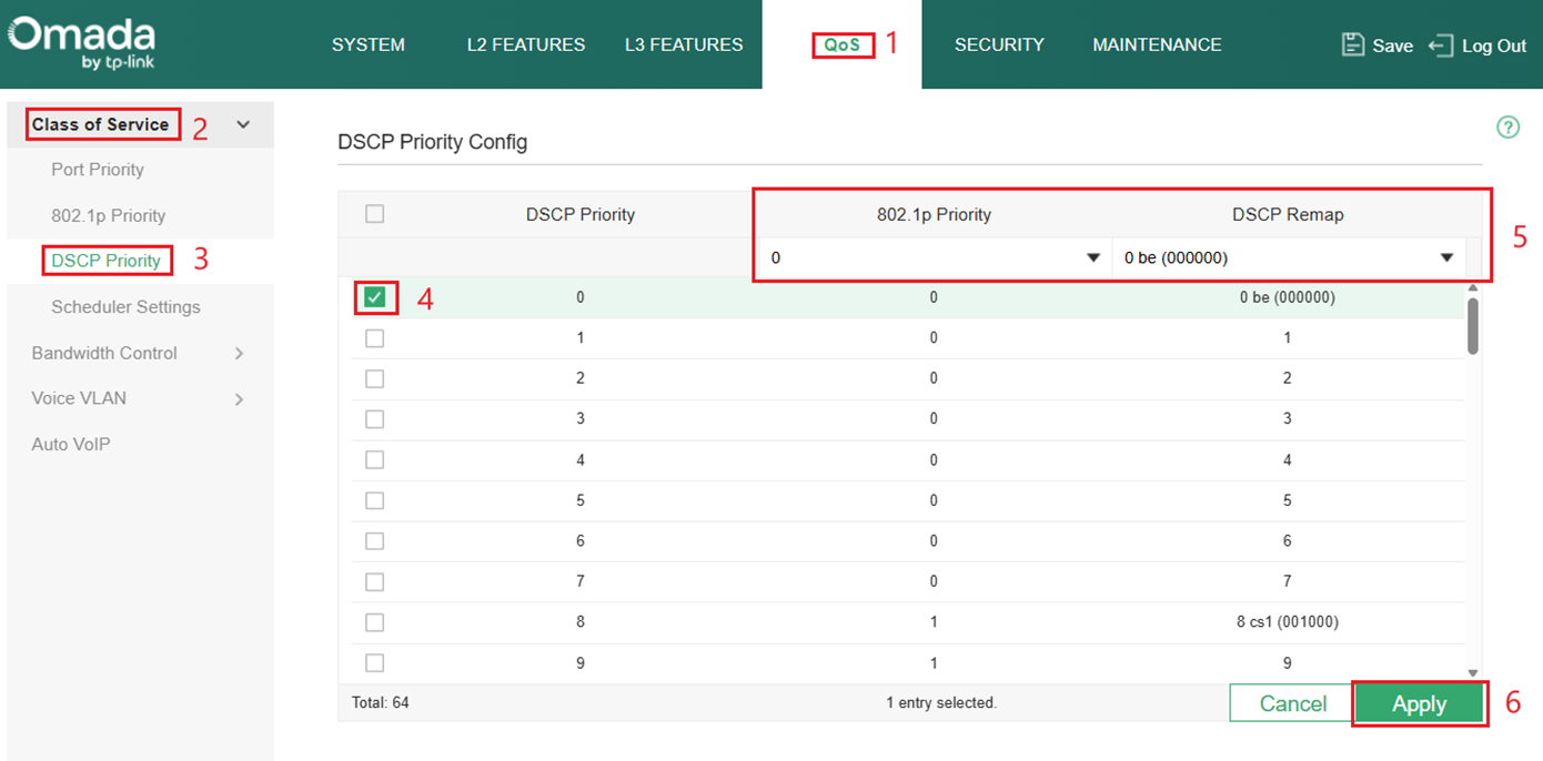 Show steps to map DSCP tags to 802.1p tags.