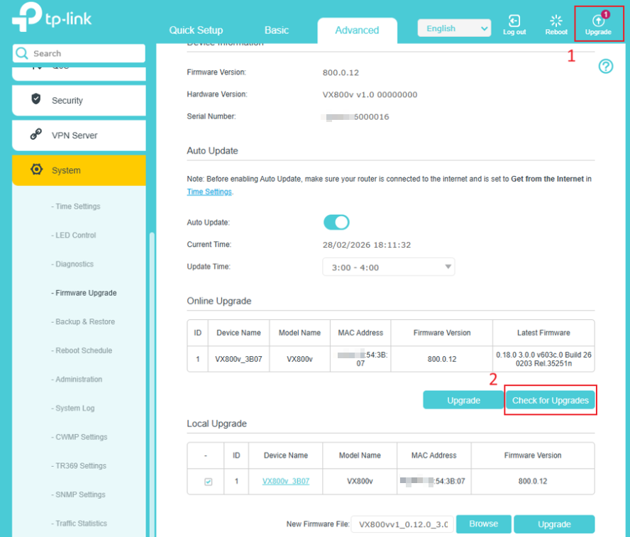 Click "Check for Upgrades" on Firmware Upgrade page.
