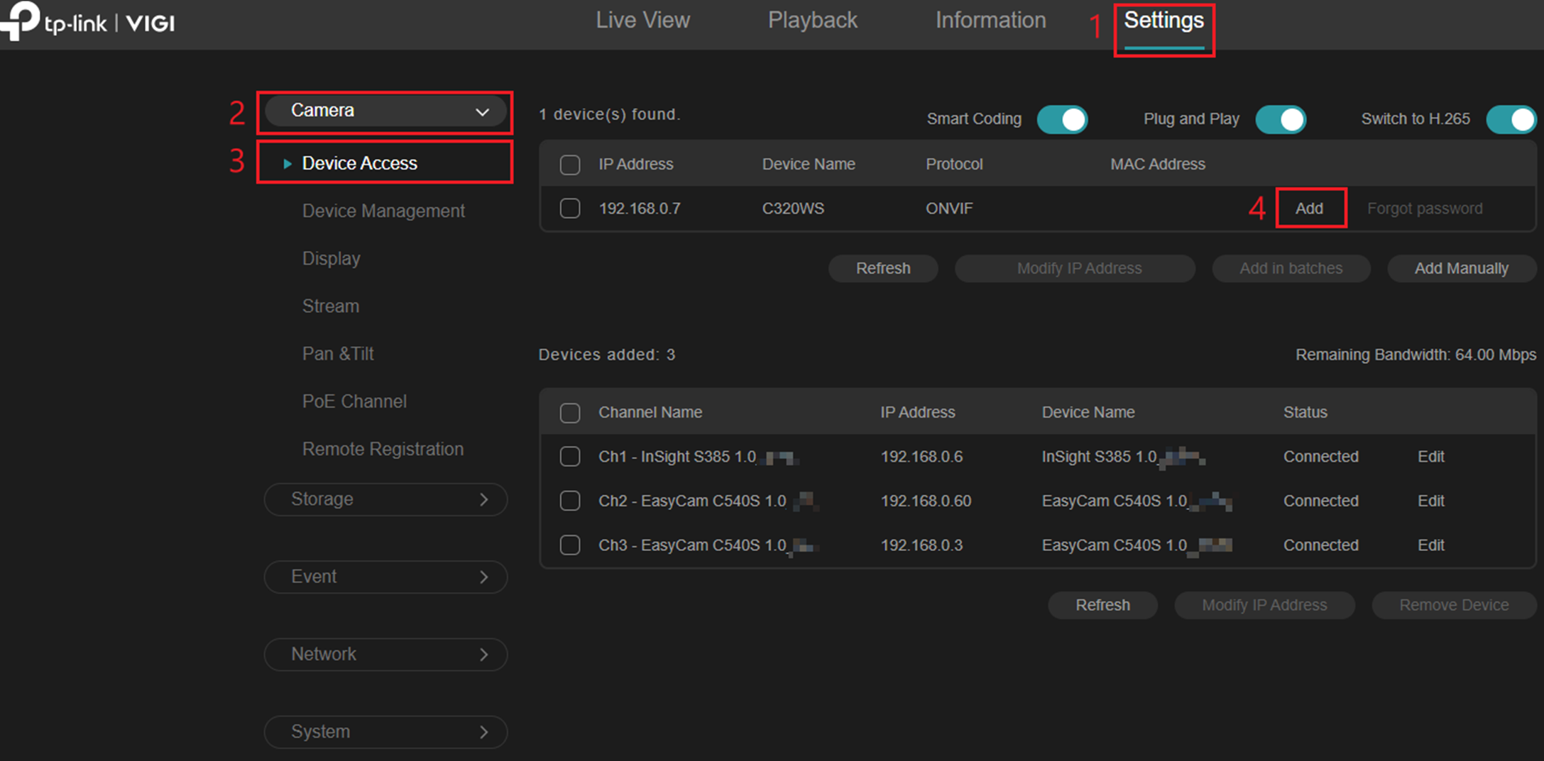 Path to find Device Access within VIGI NVR.
