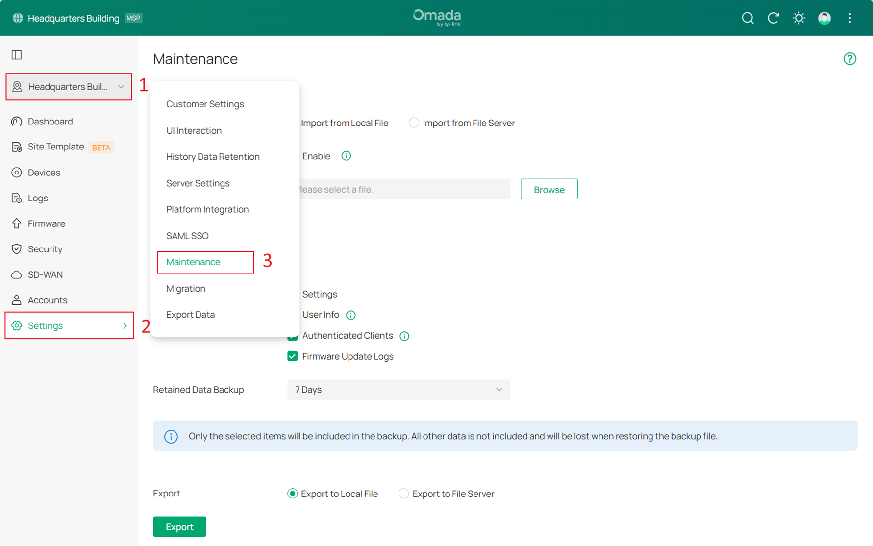 Path of maintenance settings.