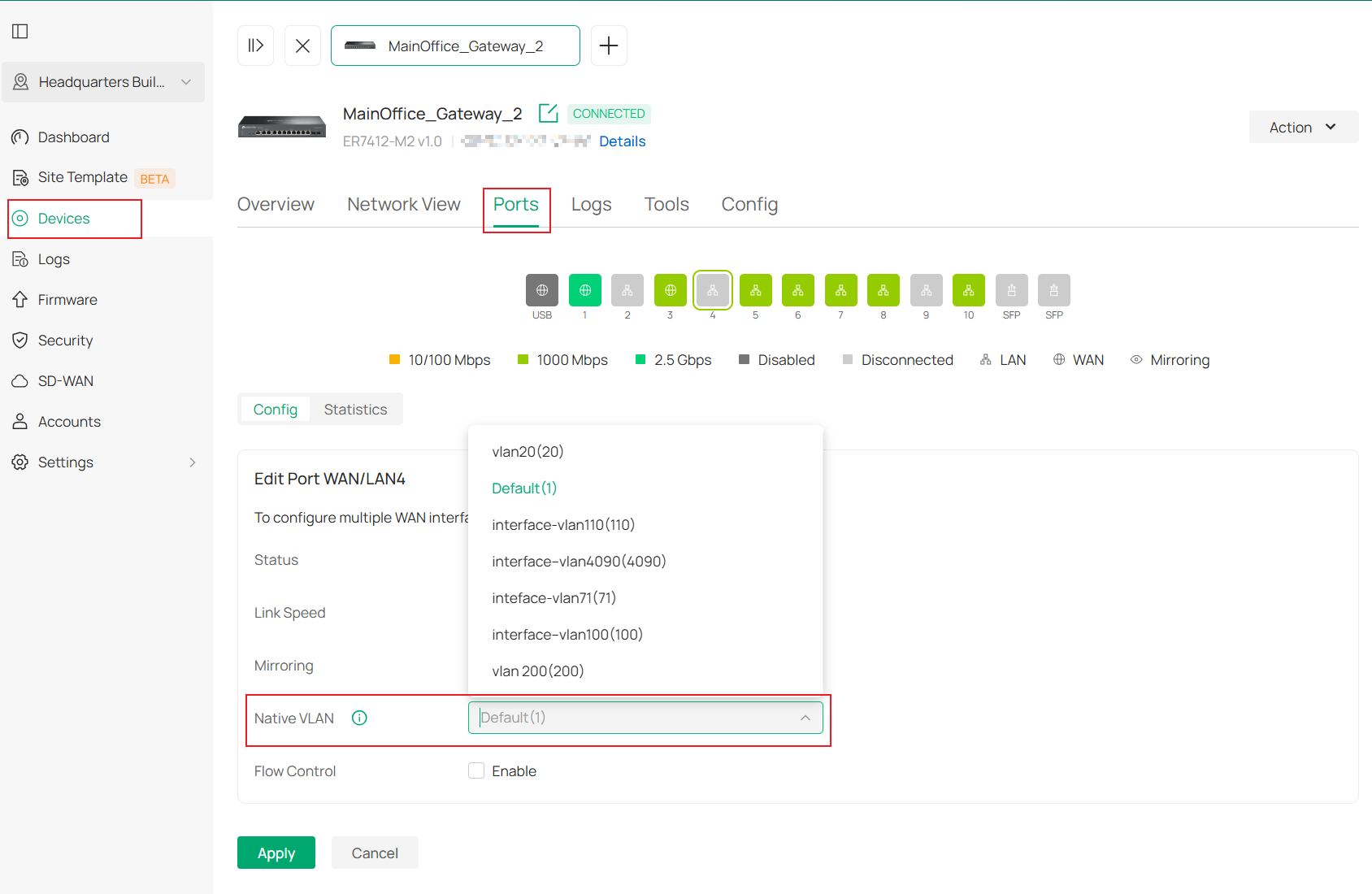 You can also configure Native VlAN of Gateway ports on corresponding device management page in controller.