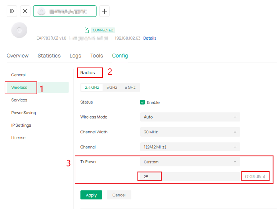 Path of transmit power settings on controller v6.