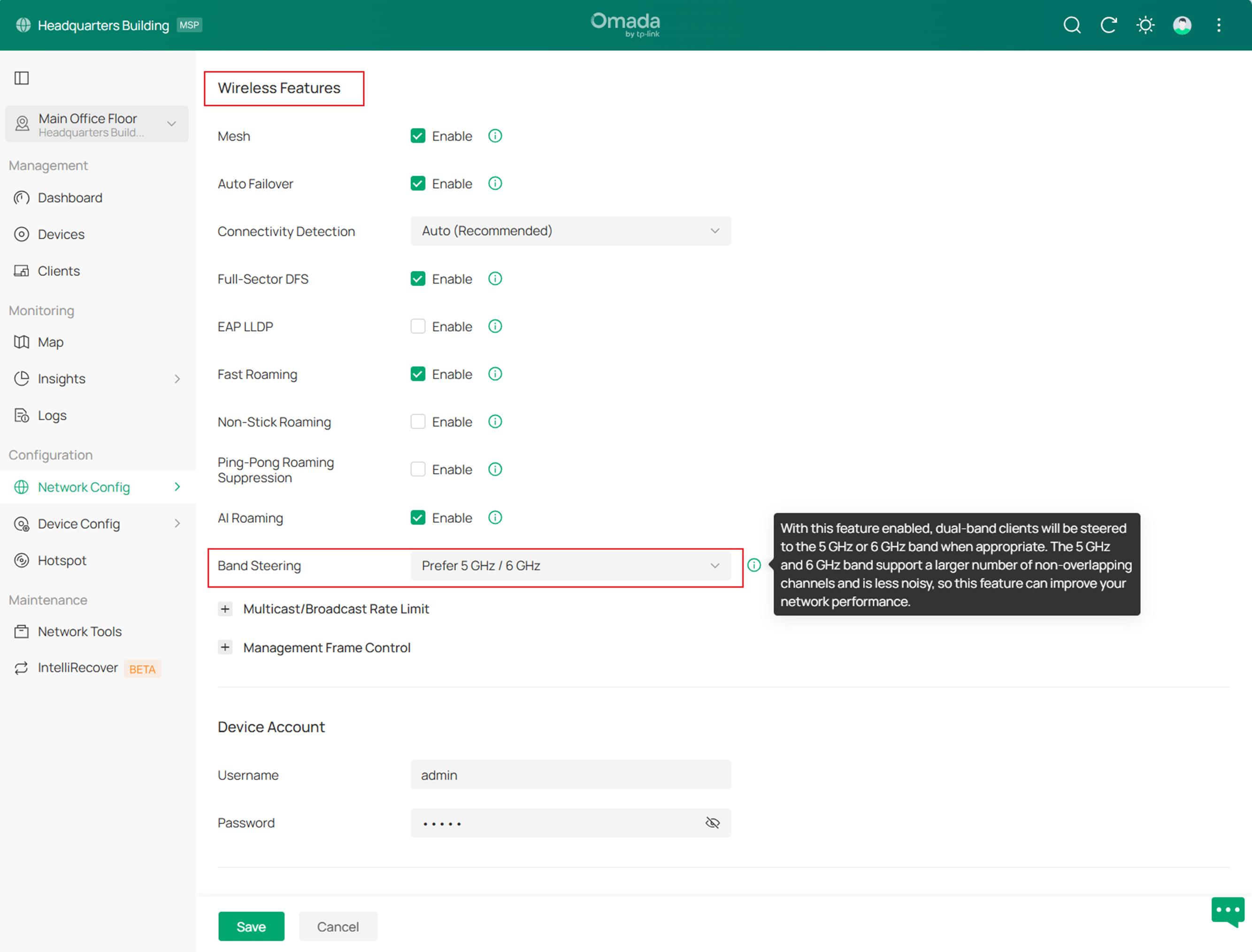 The image shows where in the Omada Controller interface the band steering function can be located and configured.