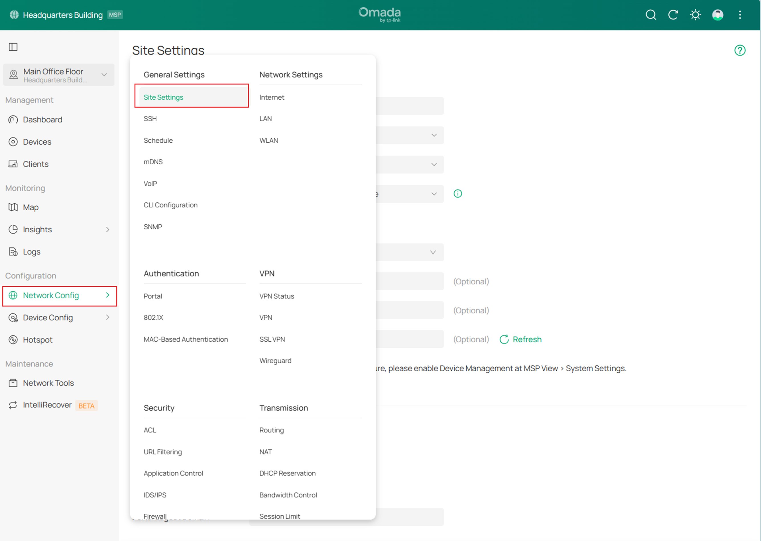The image shows where in the Omada Controller interface the band steering function can be located and configured.
