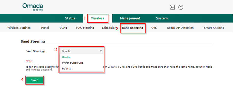The image shows where in the standalone web interface the band steering function can be located and configured.