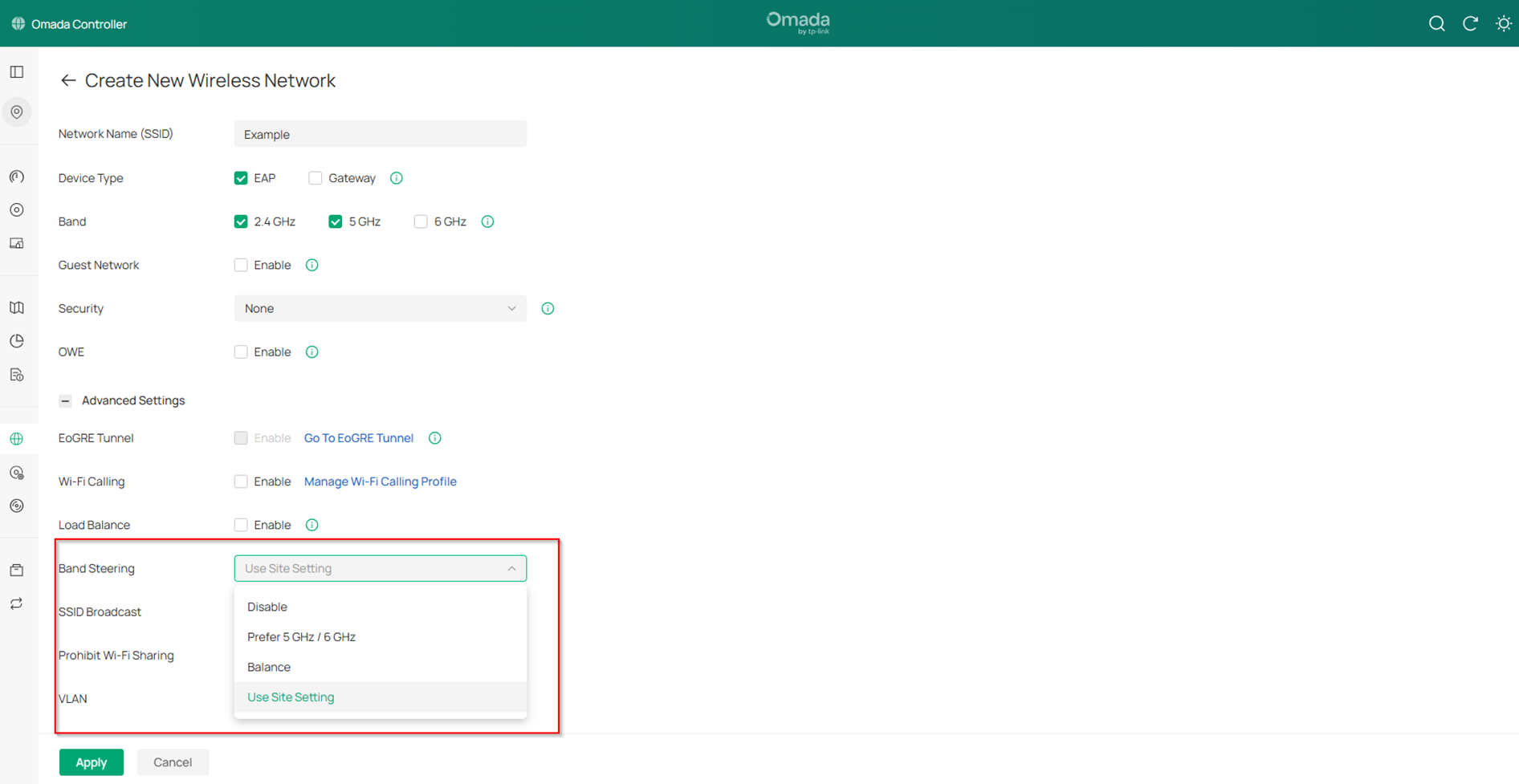 The image shows where in the Omada Controller interface the SSID band steering function can be located and configured.