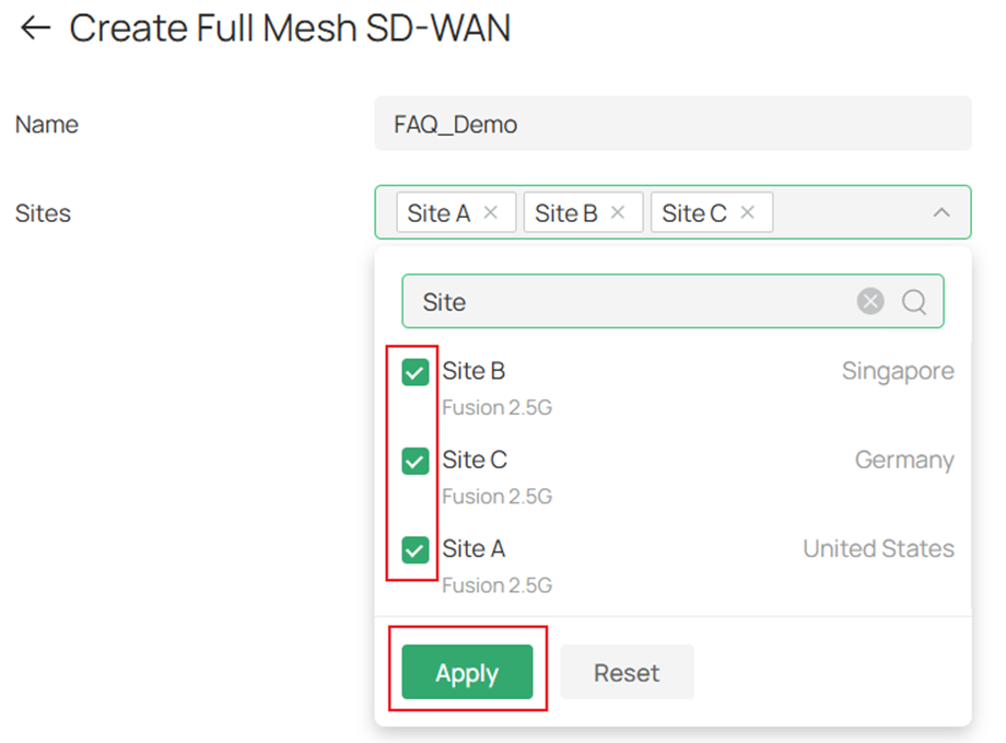 Show the SD-WAN group name and site configuration panel.