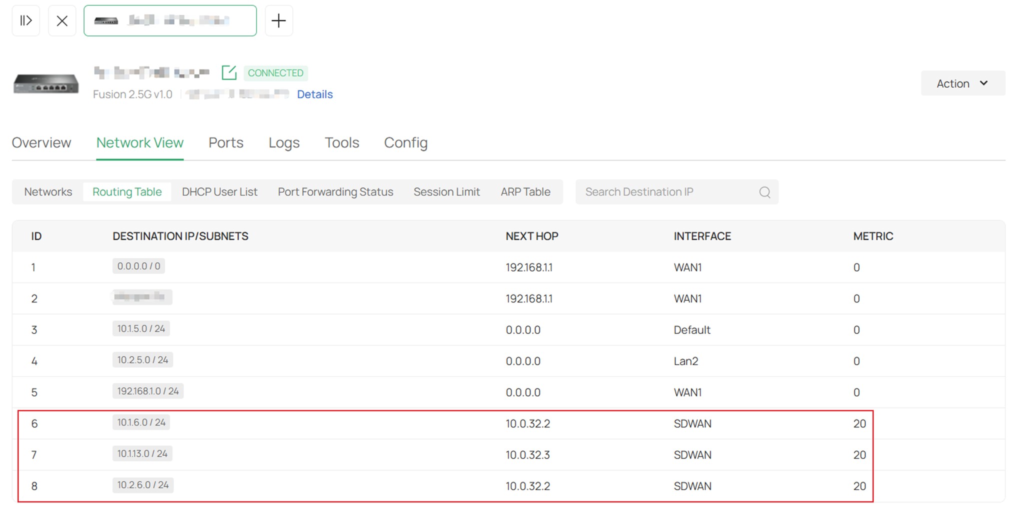 Show the routing table of a fusion gateway.