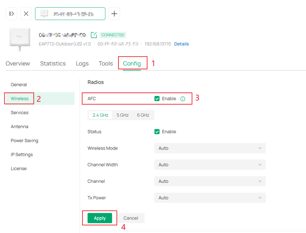 AFC settings for EAP772-outdoor.