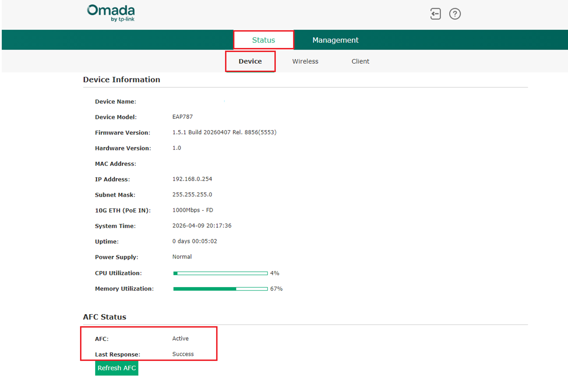 Example of AFC status in standalone mode.