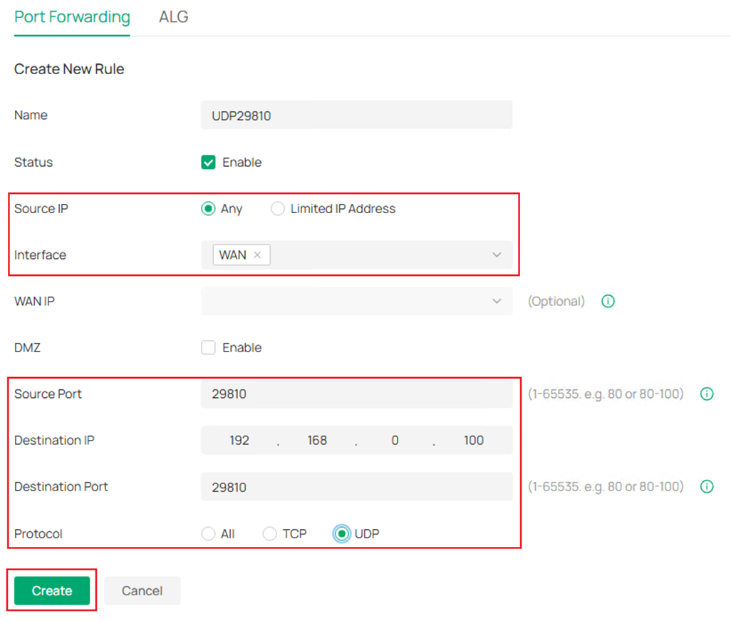 Show the port forwardingn rule configuration of UDP29810.