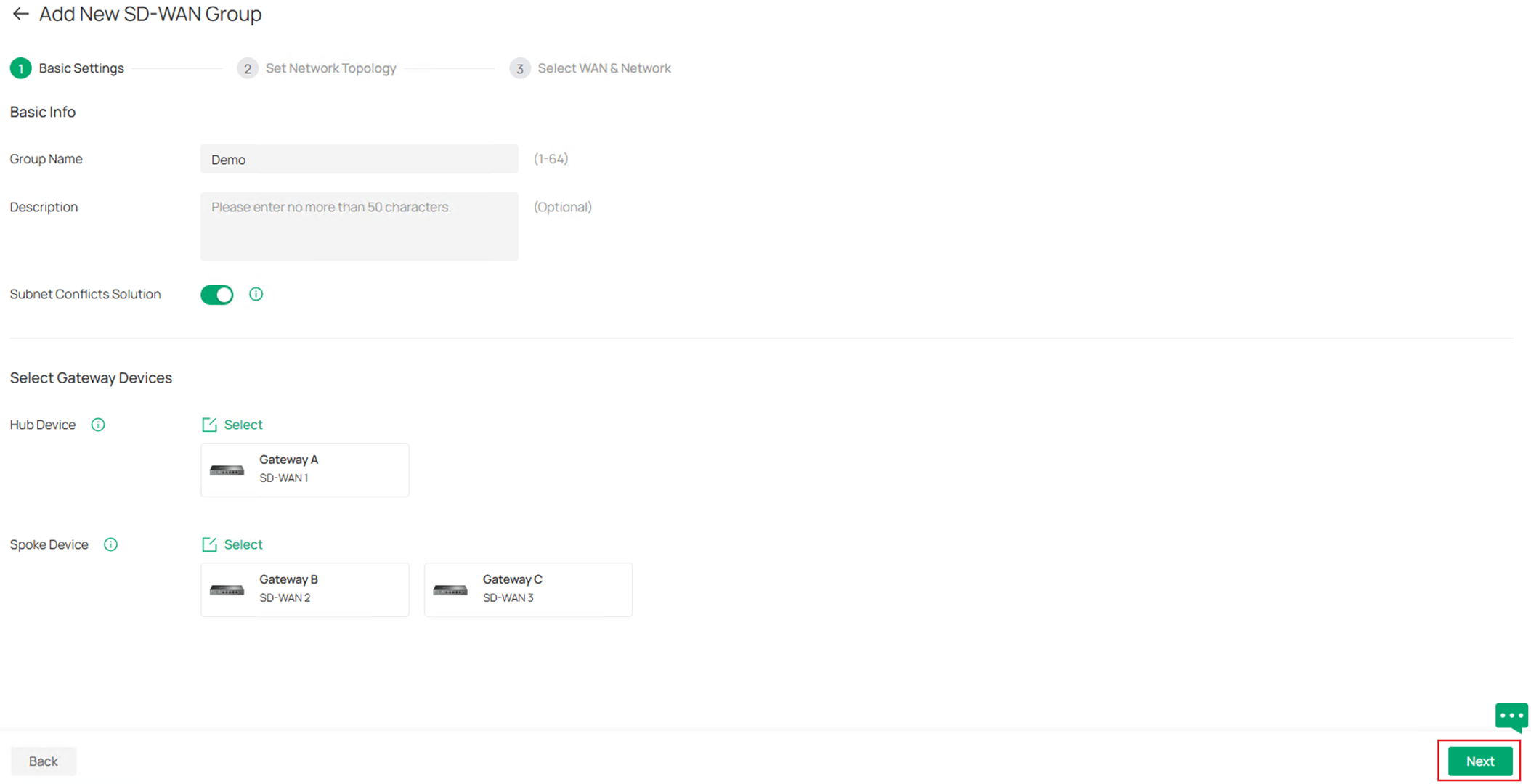 Show the SD-WAN group configuration page.