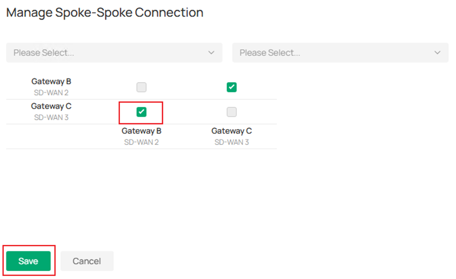 Show the SD-WAN spoke-spoke connection configuration page.