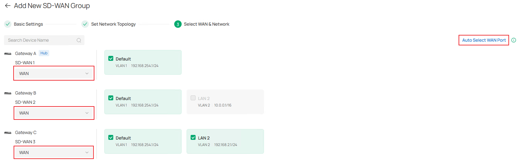 Show the SD-WAN gateway WAN port selection page.
