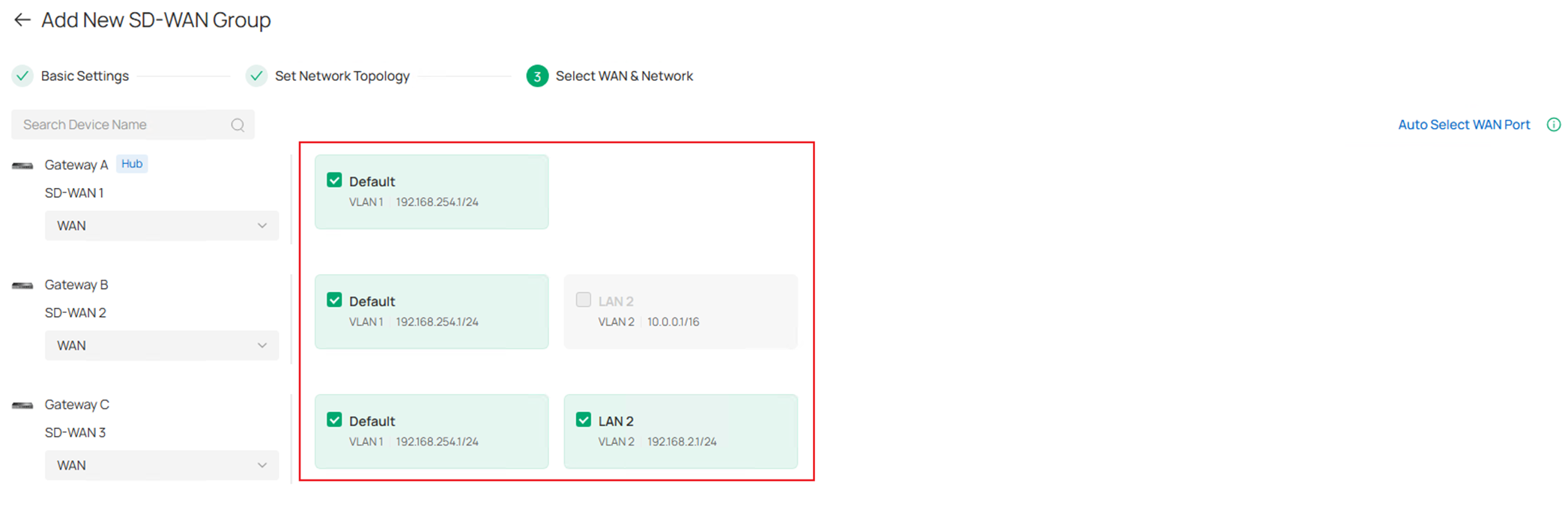 Show the SD-WAN gateway LAN subnet selection page.