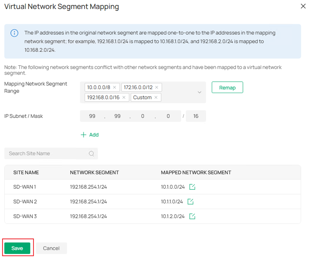 Show the virtual network segment mapping page.