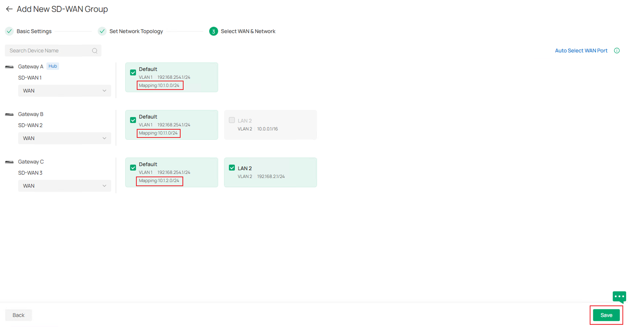 Show the SD-WAN gateway LAN subnet selection page.