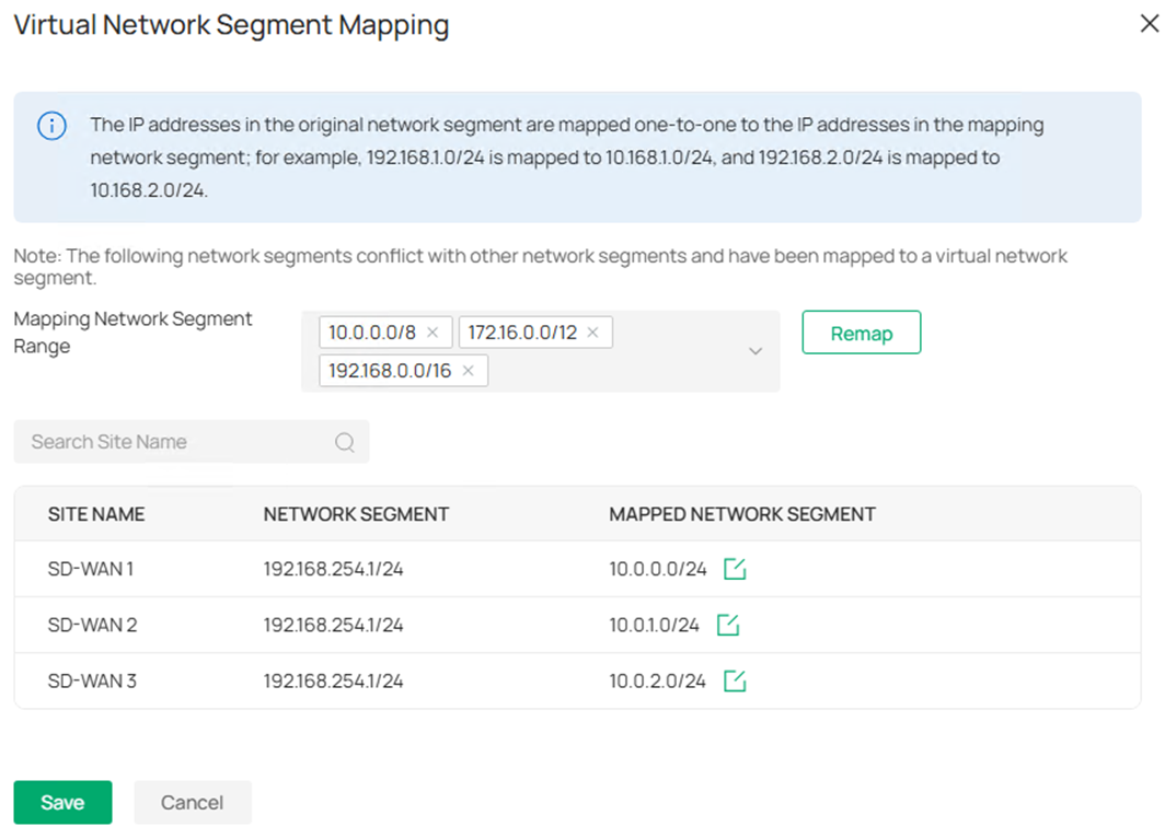 Show the virtual network segment mapping page.