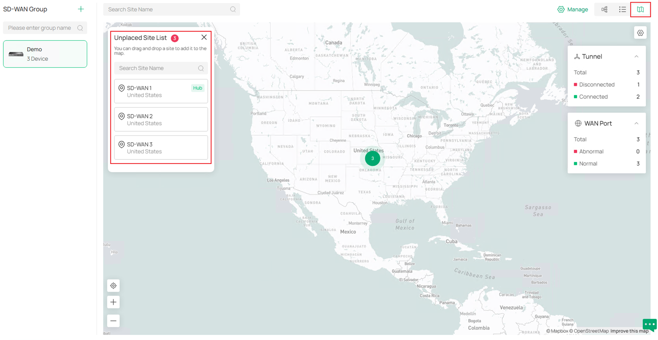 Show the SD-WAN location map page.