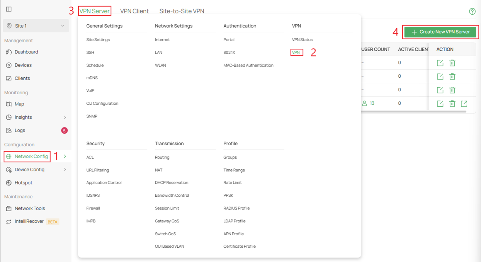 Click on VPN settings to create the new VPN server.