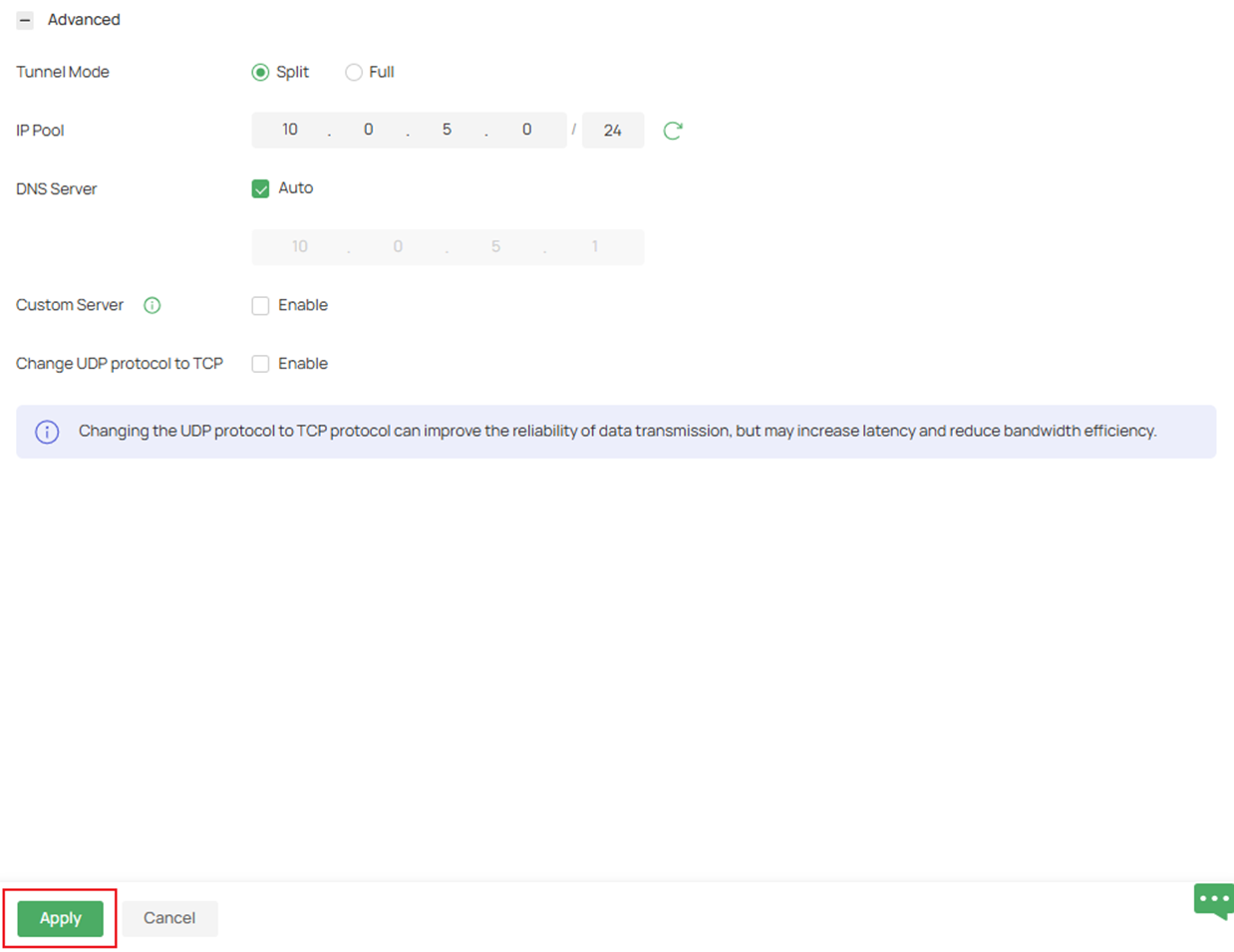 Fill in Advanced Settings parameters and click Apply.