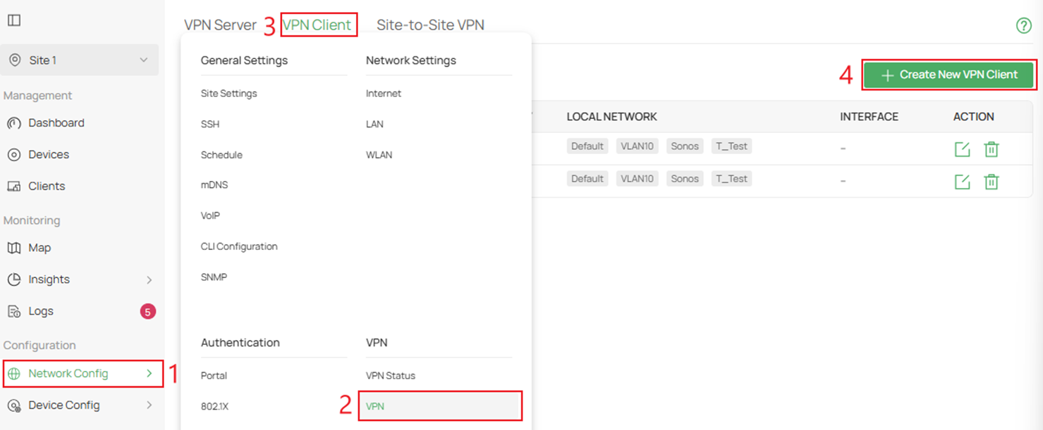 Navigate to create a new VPN client in controller v6.