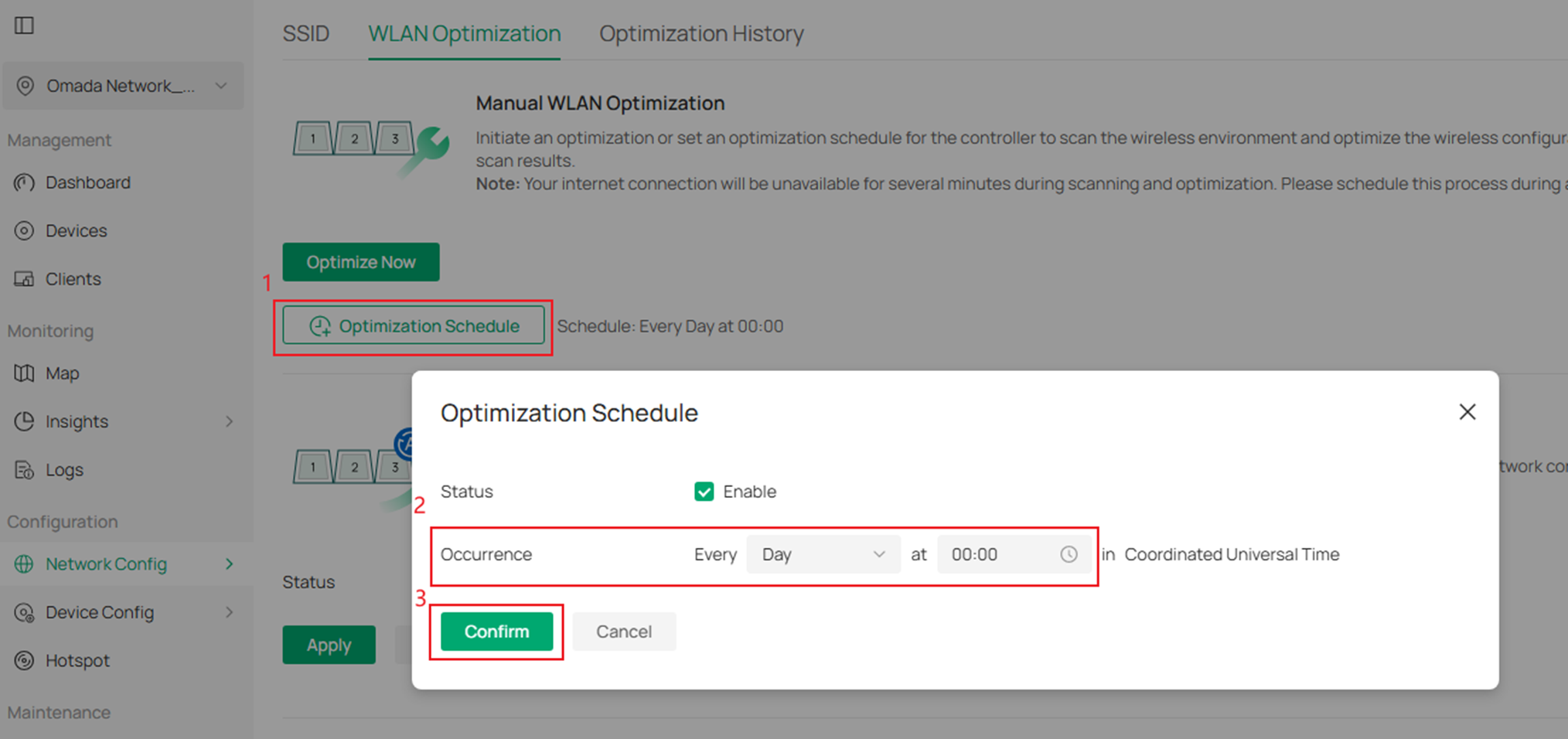 Navigate to WLAN Optimization schedule.