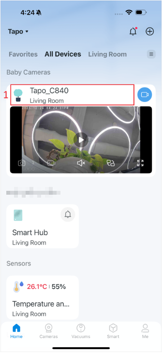 The screenshot showing the highlighting camera Tapo C840 on the Tapo App homepage.